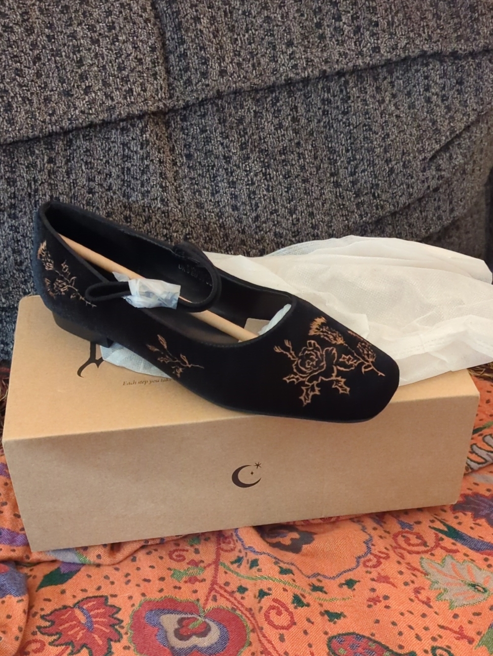 Disturbia Black Velvet Mary Jane Flats with Gold Floral Embroidery